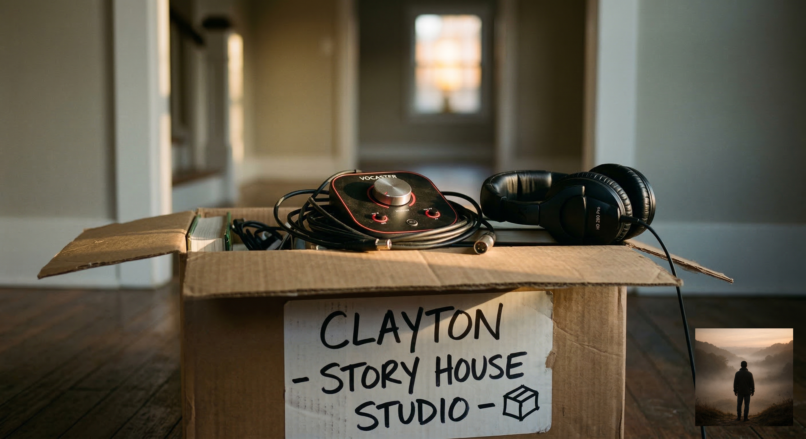 A close-up of a cardboard moving box labeled "CLAYTON - STORY HOUSE STUDIO" sitting on a hardwood floor in a sunlit, empty room. On top of the box rests a Focusrite Vocaster audio interface and professional black headphones, symbolizing the move to a new home in Clayton, NC, and the commitment to high-fidelity, human-centered podcasting.